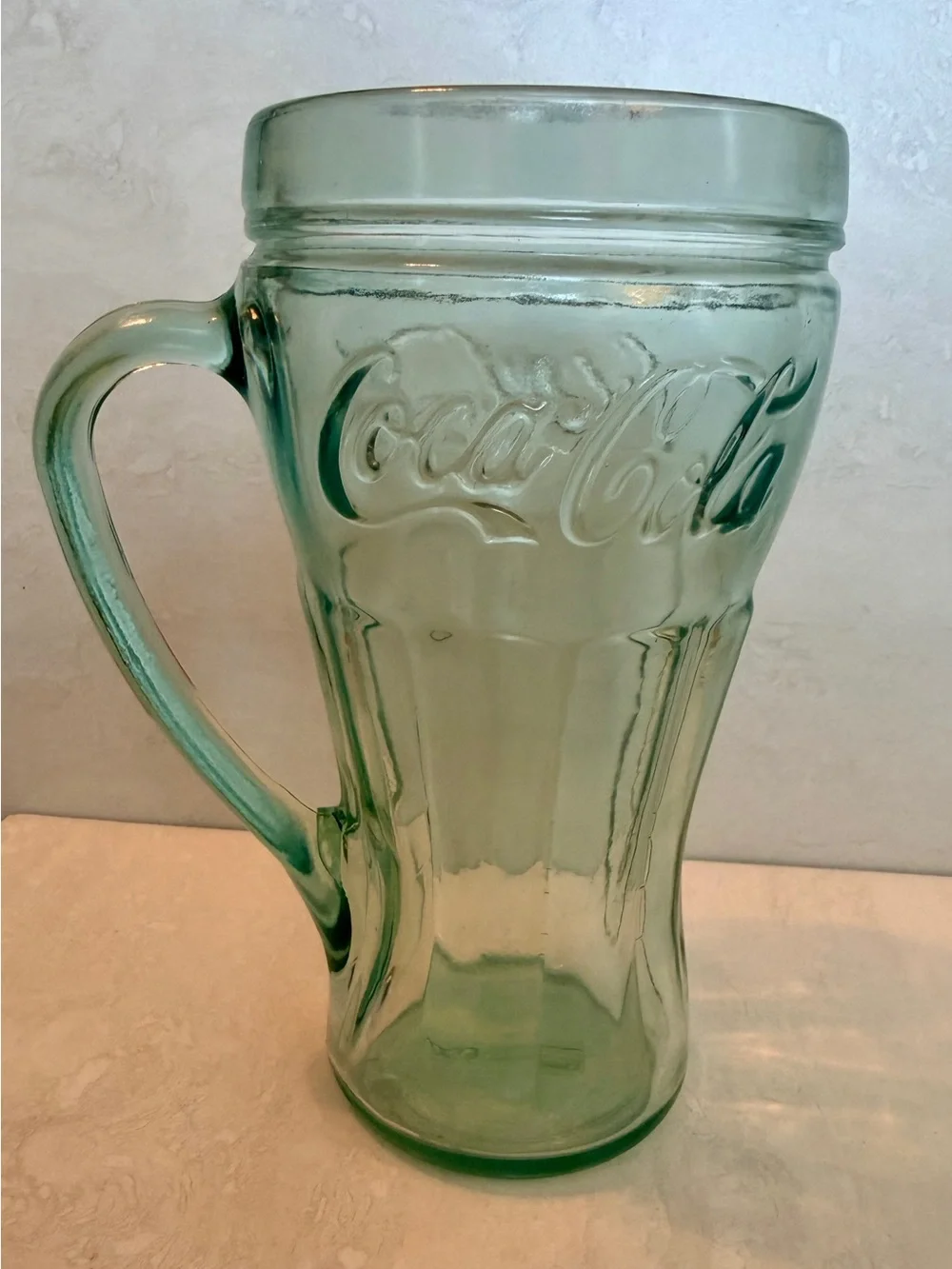 Coca Cola 6.5” Light Green Water Drinking Glass Mug with Handle Unique